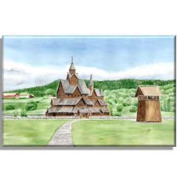 Leinwand 30 x 20 cm Keilrahmen Canvas-Leinen Aquarell Kunst Druck Kunstdruck Norwegen Norge Norway Kirche Stabkirche